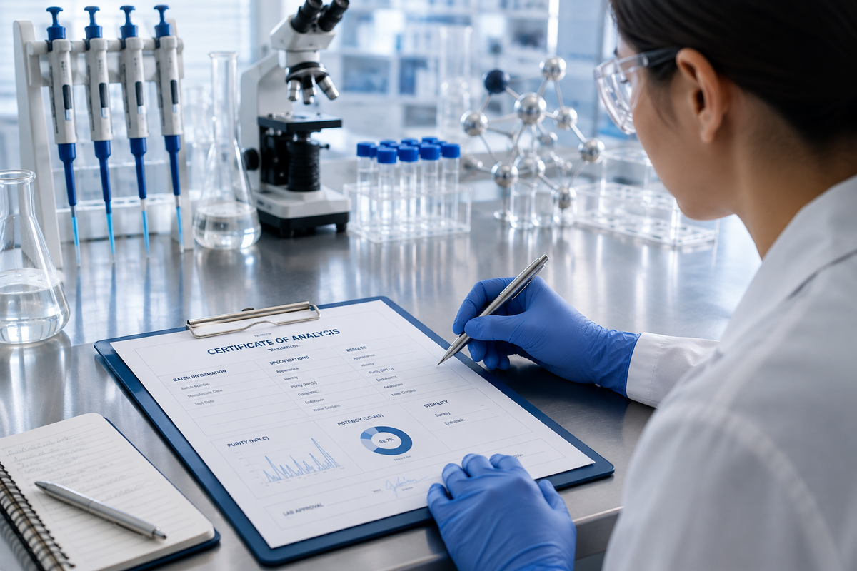 Laboratory professional reviewing a certificate of analysis for peptide quality testing.