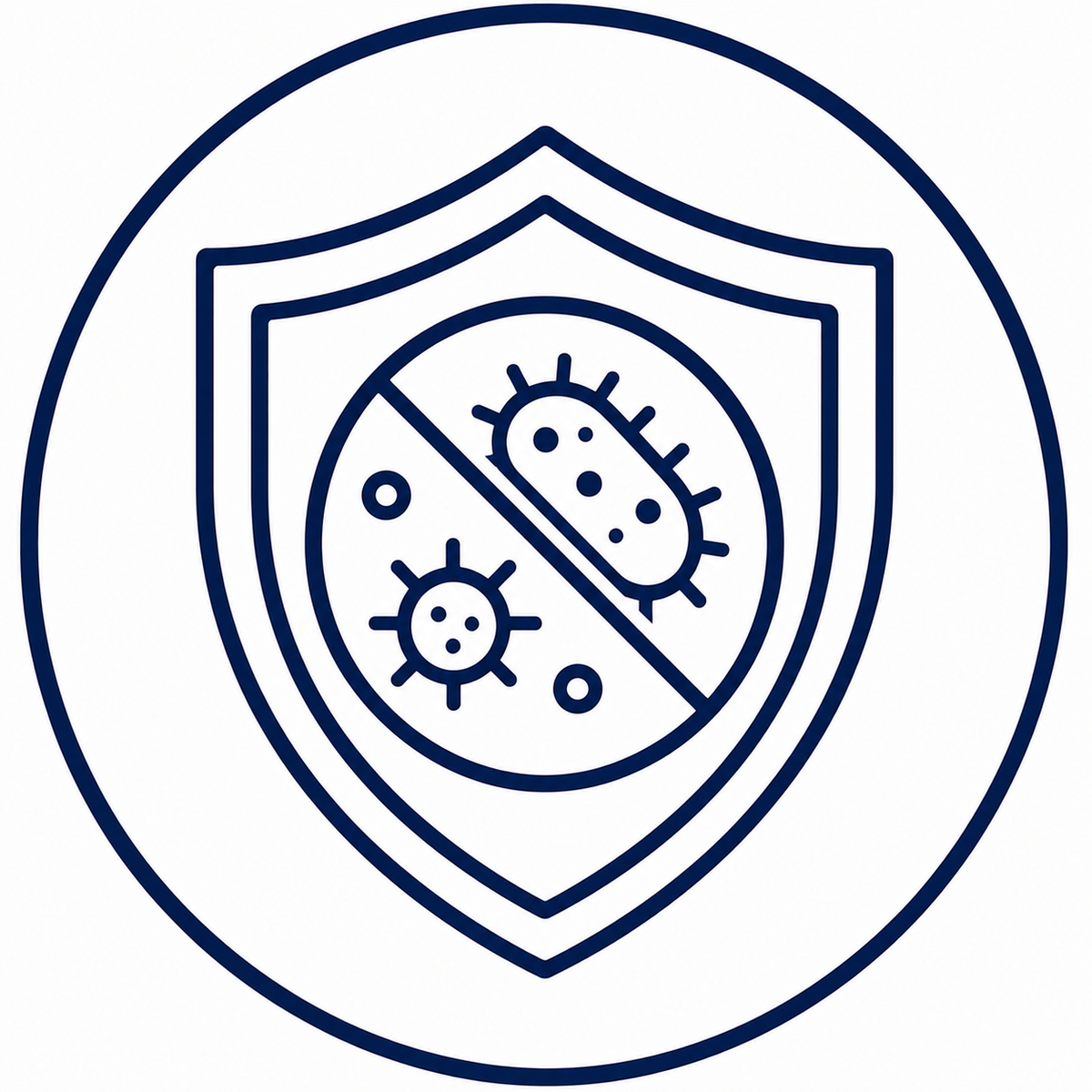 A dark blue line icon of a shield containing a bacterium and a virus, representing protection or hygiene, on a solid white background.
