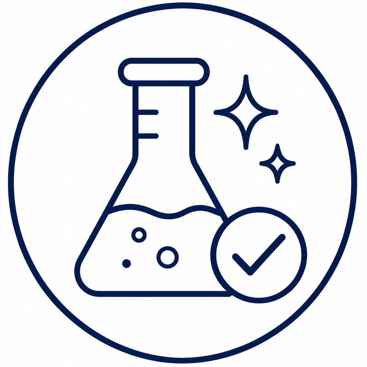 A dark blue line icon depicting a laboratory flask with liquid, sparkling stars, and a checkmark inside a circle on a white background.