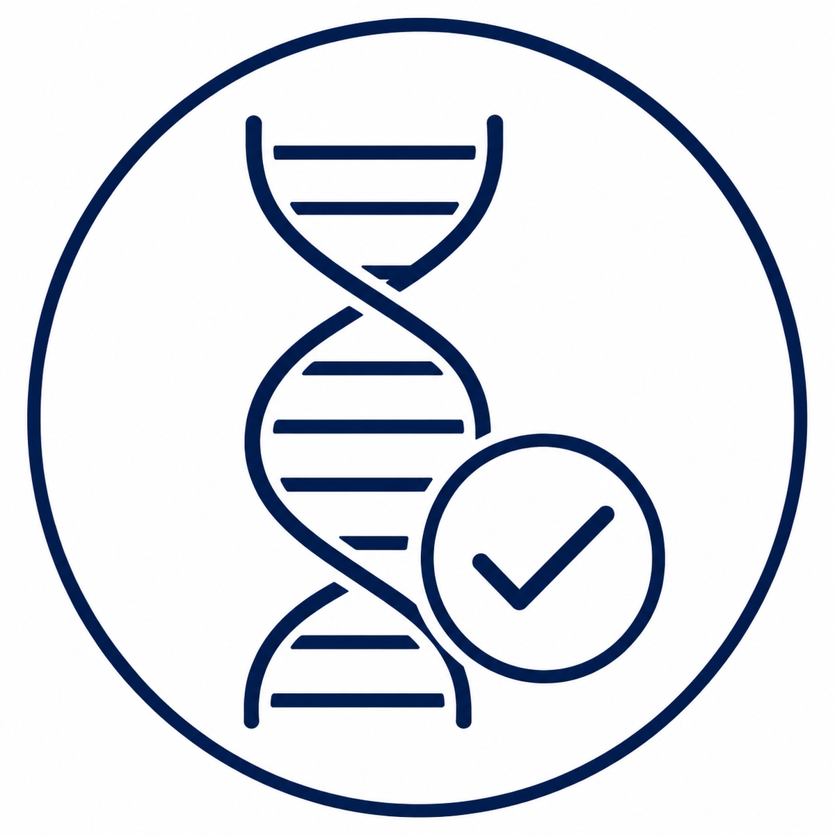 A dark navy blue line icon featuring a double helix DNA strand and a checkmark inside a circle, set against a solid white background.