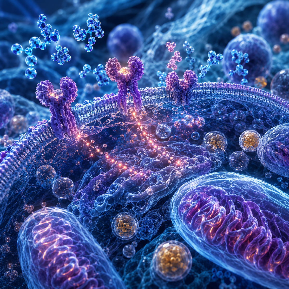 Scientific visualization of metabolic signaling and cellular activity for peptide research.