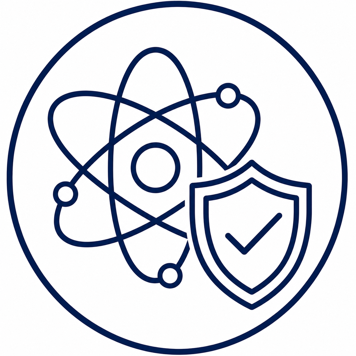 A dark navy blue line icon depicting an atom and a shield with a checkmark, enclosed in a matching circular border on a solid white background.