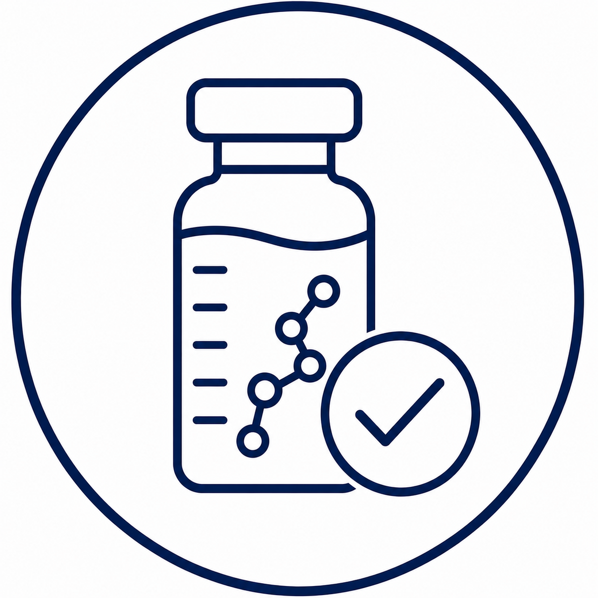A dark blue line icon of a vial with a measurement scale and a checkmark circle, centered inside a large circular border on a white background.