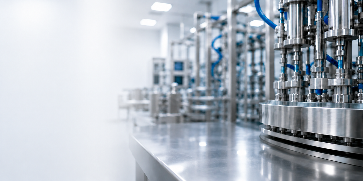 Clean U.S. peptide manufacturing facility with stainless steel production equipment.