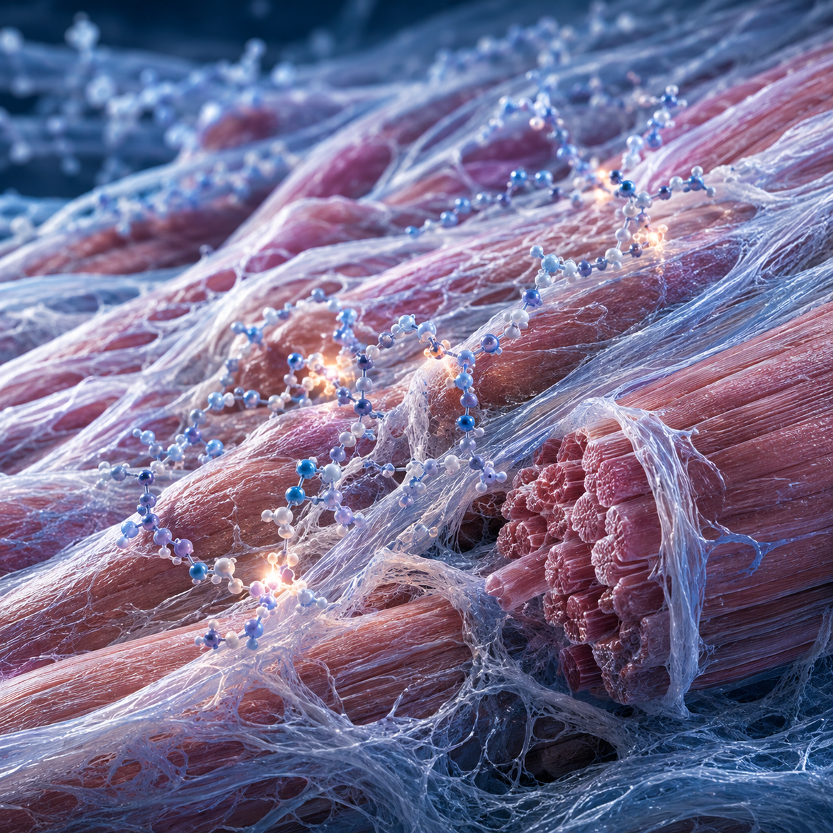 Scientific visualization of peptide interactions with muscle fibers and connective tissue.