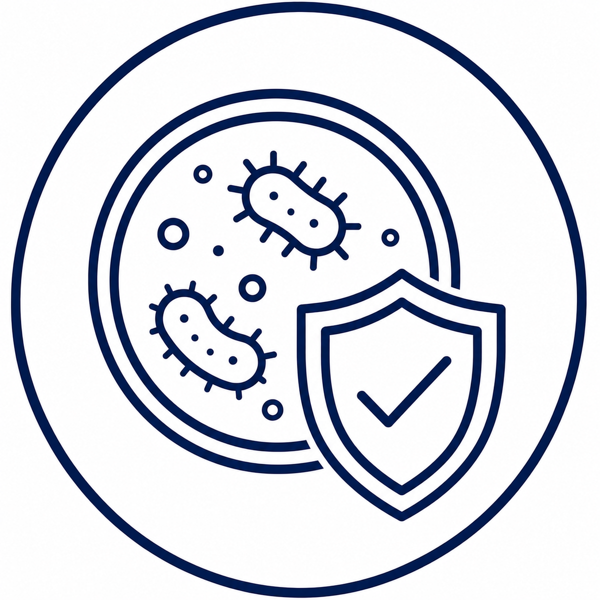 A dark navy blue line icon depicting a petri dish with bacteria and a shield with a checkmark, enclosed in a circular border on a white background.