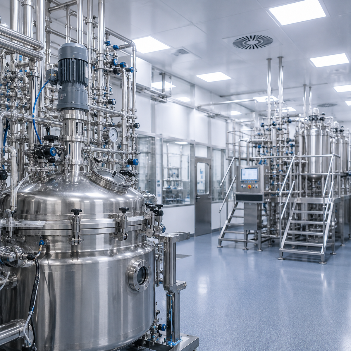 Modern U.S. biotechnology manufacturing facility with stainless steel production equipment.