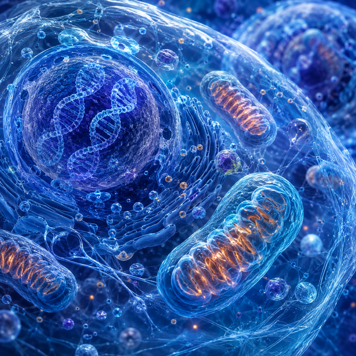 Scientific visualization of cellular biology, mitochondria, and DNA for wellness and longevity research.